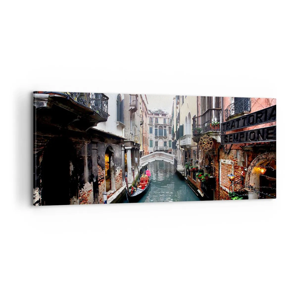 Impression sur toile - Image sur toile - Paysage vénitien avec une gondole et un pont - 100x40 cm