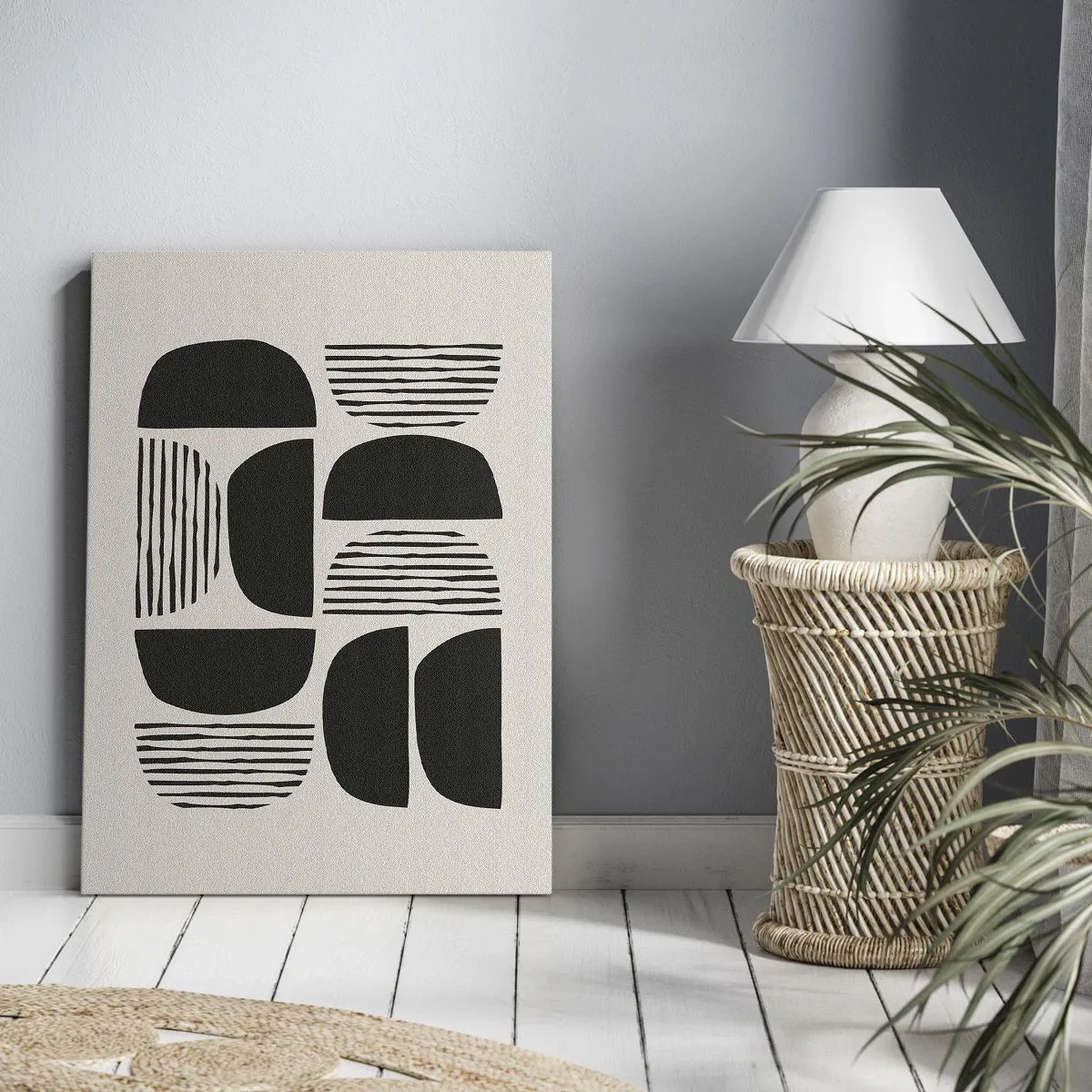 Impression sur toile - Image sur toile - Géométrie avec demi-cercles et lignes en noir sur fond clair - 70x100cm - Offres sans enthousiasme - Décoration murale moderne pour le salon et la chambre ARTTOR