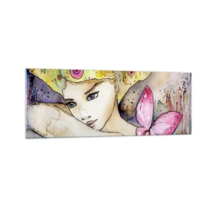 Impression sur verre - Image sur verre - Une femme avec une coiffure abstraite et un papillon rose - 140x50cm - La princesse papillon - Décoration murale moderne pour le salon et la chambre ARTTOR
