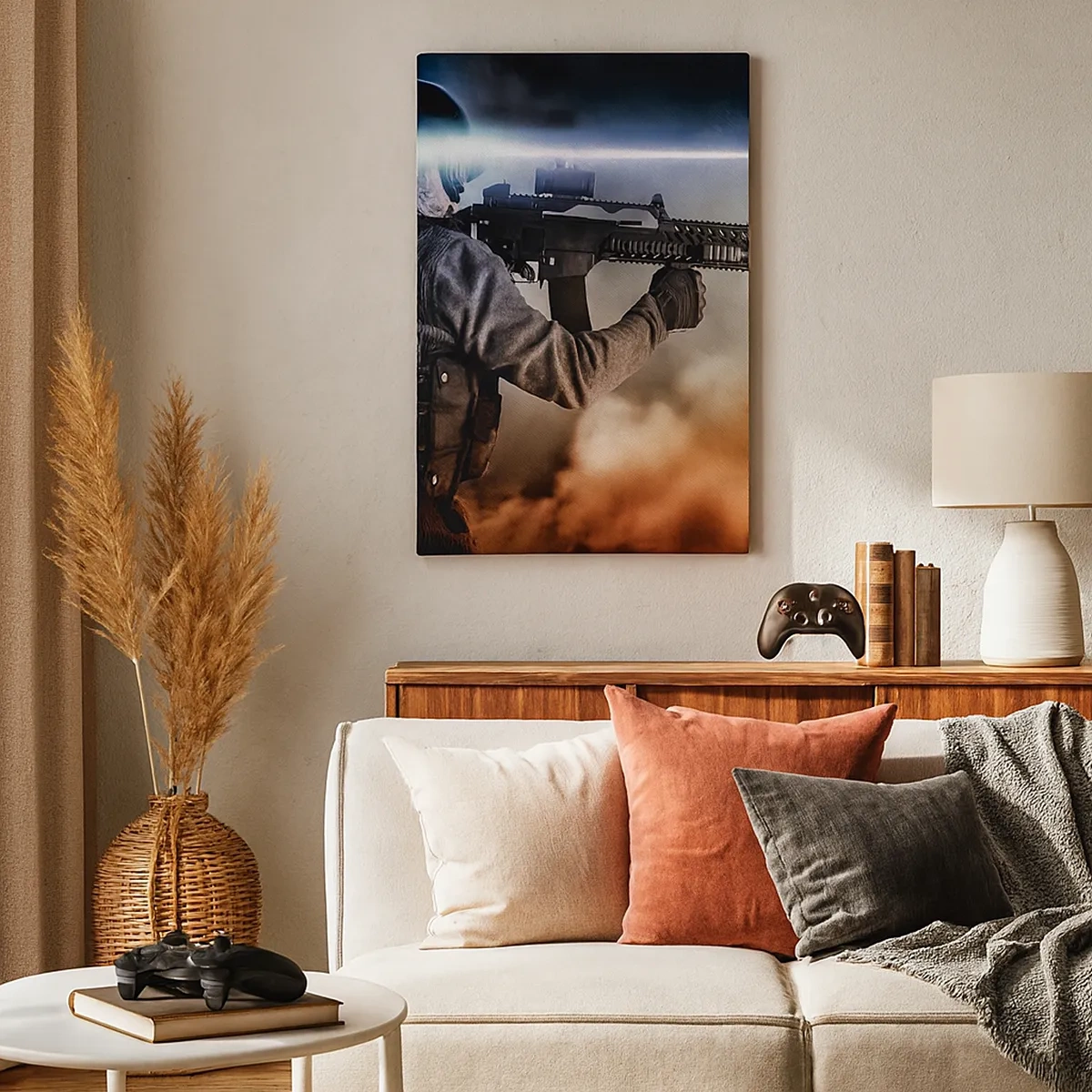 Impression sur toile - Image sur toile - Un soldat en action avec un fusil sur fond de nuages et de lumière. - 50x70cm - Tout simplement un héros - Décoration murale moderne pour le salon et la chambre ARTTOR