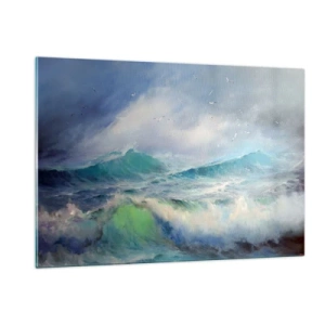 Impression sur verre - Image sur verre - Vagues océaniques agitées avec des oiseaux dans un ciel nuageux - 120x80cm - "Le tourbillon hurlait de triomphe..." - Décoration murale moderne pour le salon et la chambre ARTTOR