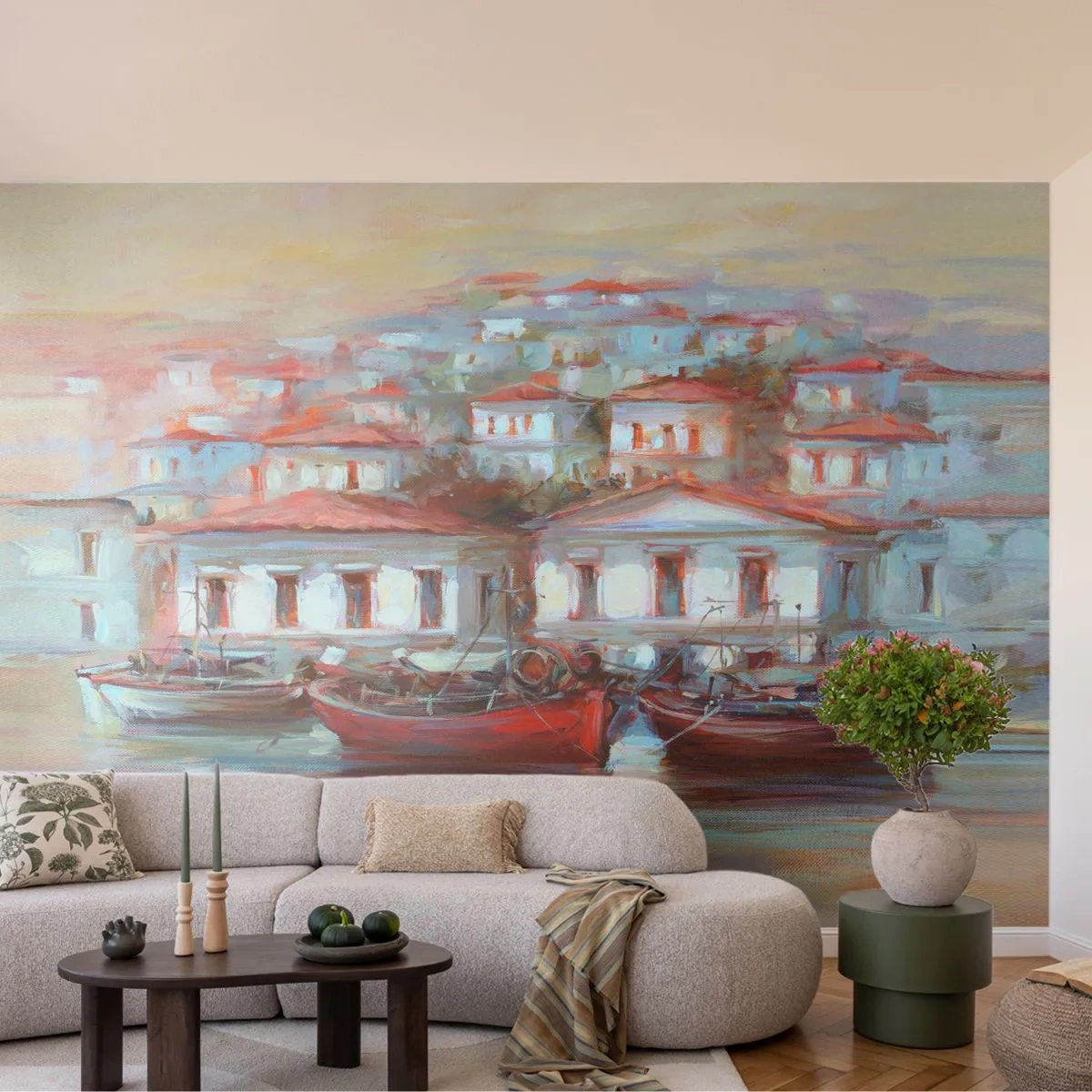 Papier Peint Photo Premium Sand - Une vision picturale d'une ville balnéaire avec des bateaux dans le port - 100x70cm - Petite ville heureuse - Décoration murale moderne pour le salon et la chambre ARTTOR