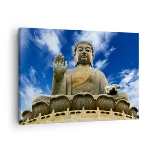 Impression sur toile - Image sur toile - Une statue monumentale de Bouddha contre un ciel bleu avec des nuages - 70x50cm - Vivre sans peur - Décoration murale moderne pour le salon et la chambre ARTTOR