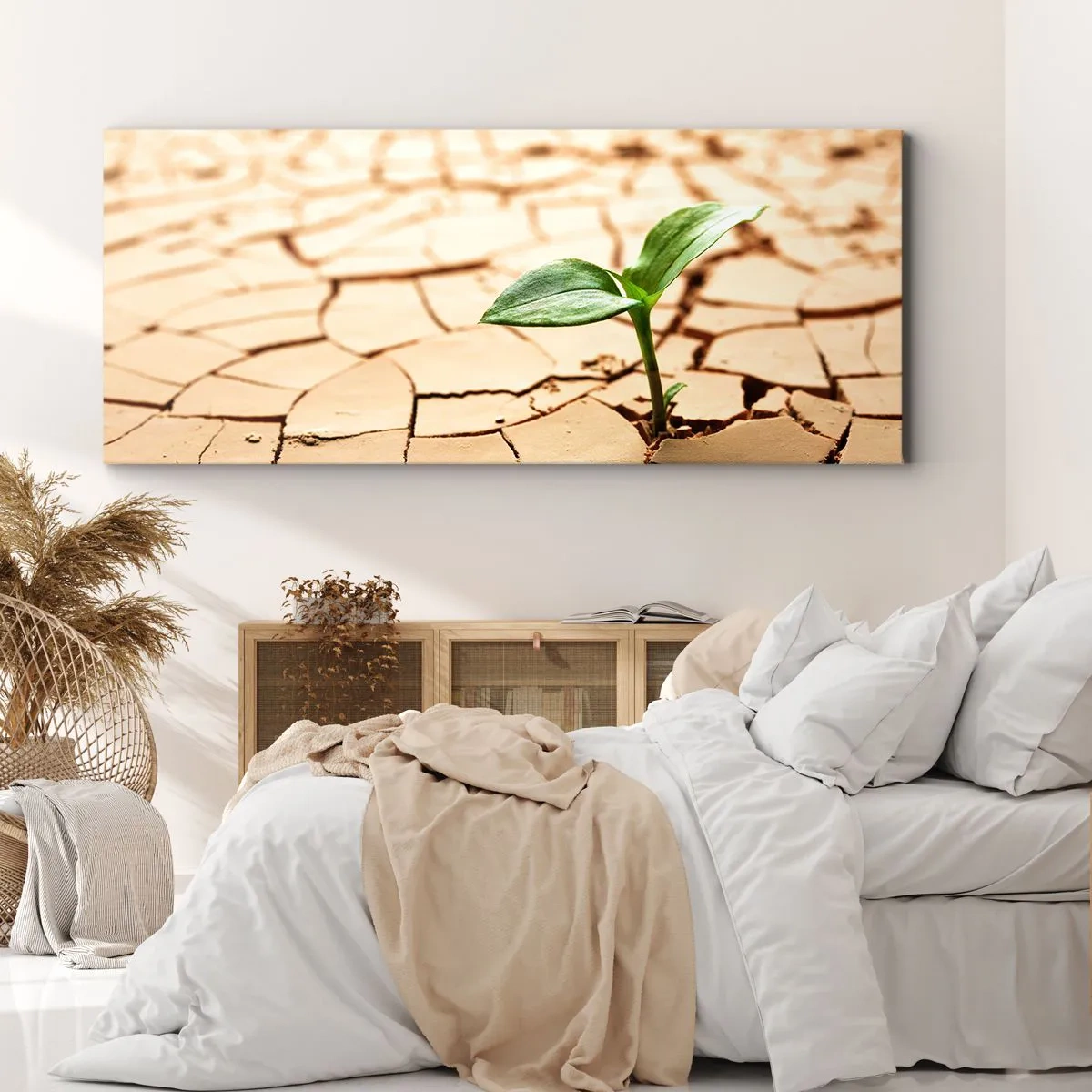 Impression sur toile - Image sur toile - Une plante verte poussant sur une terre sèche et craquelée - 140x50cm - La force indomptable de la vie - Décoration murale moderne pour le salon et la chambre ARTTOR