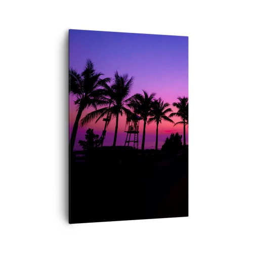 Impression sur toile - Image sur toile - Silhouettes de palmiers sur un ciel de coucher de soleil rose-violet - 70x100cm - Soirée sous les palmiers - Décoration murale moderne pour le salon et la chambre ARTTOR