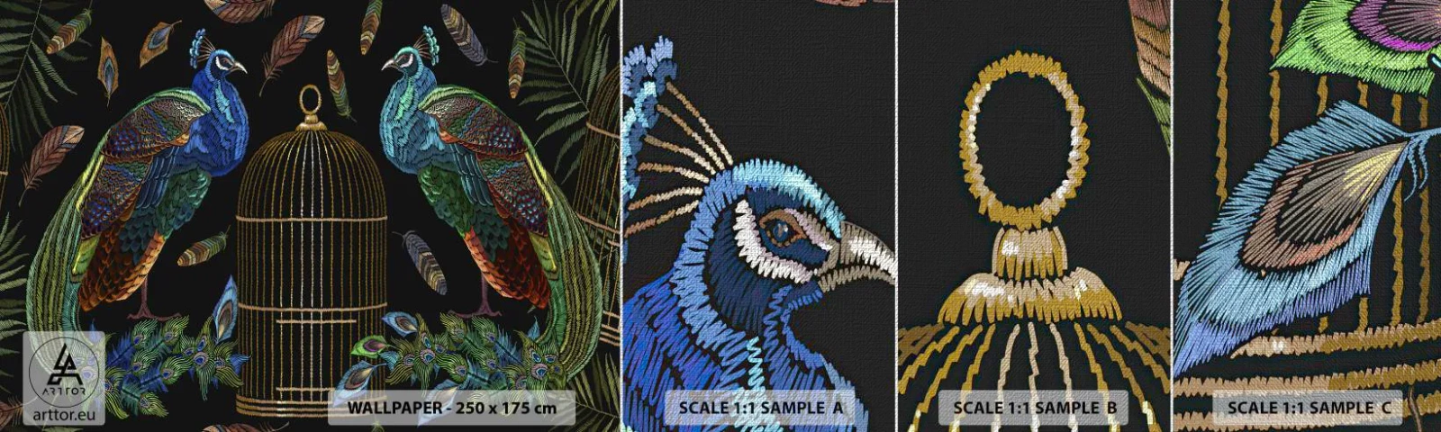 Échantillon de Papier Peint Premium Canvas - En robes royales - Abstraction, Paon, Plume de paon - 100x30 cm