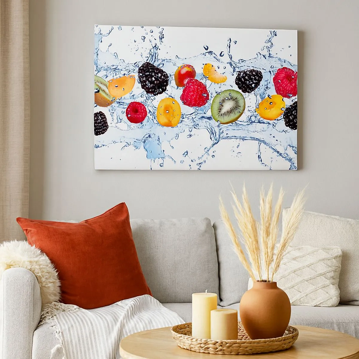 Impression sur toile - Image sur toile - Fruits colorés immergés dans des éclaboussures d'eau sur un fond blanc - 70x50cm - Amusez-vous avec nous - Décoration murale moderne pour le salon et la chambre ARTTOR