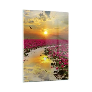 Impression sur verre - Image sur verre - Nénuphars roses sur un lac au coucher du soleil - 50x70cm - La vie secrète du lac - Décoration murale moderne pour le salon et la chambre ARTTOR