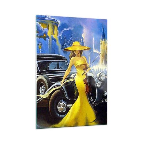 Impression sur verre - Image sur verre - Une femme en robe jaune à côté d'une voiture ancienne - 50x70cm - Nocturne pour violon et amour - Décoration murale moderne pour le salon et la chambre ARTTOR
