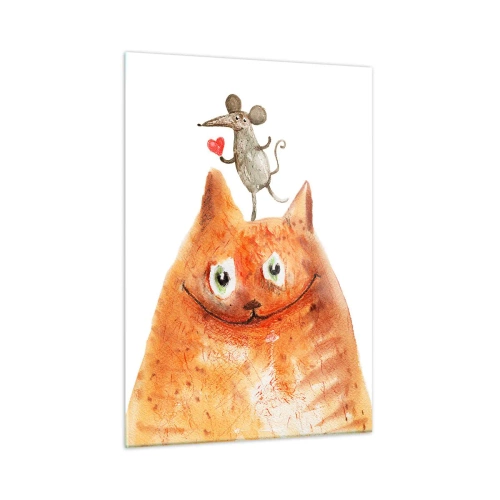 Impression sur verre - Image sur verre - Un chat avec une souris sur la tête dans un style humoristique - 50x70cm - Amour paradoxal - Décoration murale moderne pour le salon et la chambre ARTTOR