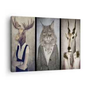 Impression sur toile - Image sur toile - Un triptyque avec des figures animales en vêtements élégants sur un fond stylisé - 70x50cm - La fourrure revient à la mode - Décoration murale moderne pour le salon et la chambre ARTTOR