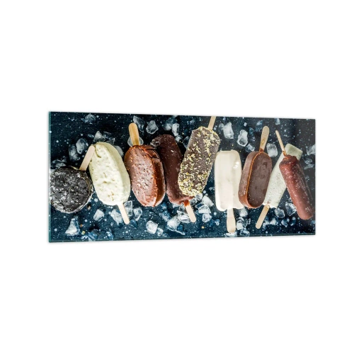 Impression sur verre - Image sur verre - Des glaces colorées disposées sur de la glace avec un fond sombre - 120x50cm - Le goût de l'été chaud - Décoration murale moderne pour le salon et la chambre ARTTOR