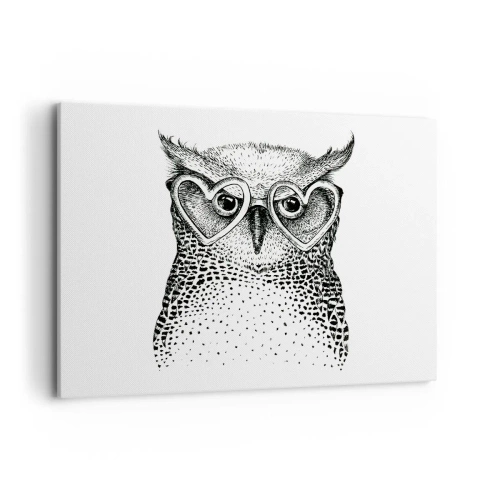 Impression sur toile - Image sur toile - Graphique élégant d'un hibou portant des lunettes en forme de cœur - 100x70cm - Sagement et avec amour - Décoration murale moderne pour le salon et la chambre ARTTOR