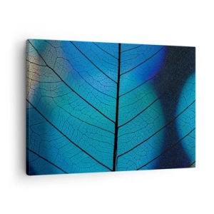 Impression sur toile - Image sur toile - Gros plan d'une feuille bleue avec des détails de veines visibles - 70x50cm - Construction complexe - Décoration murale moderne pour le salon et la chambre ARTTOR