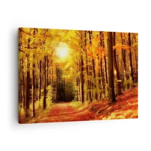 Impression sur toile - Image sur toile - Forêt d'automne avec les rayons du soleil qui brillent à travers les arbres - 70x50cm - Automne doré sur une route forestière - Décoration murale moderne pour le salon et la chambre ARTTOR