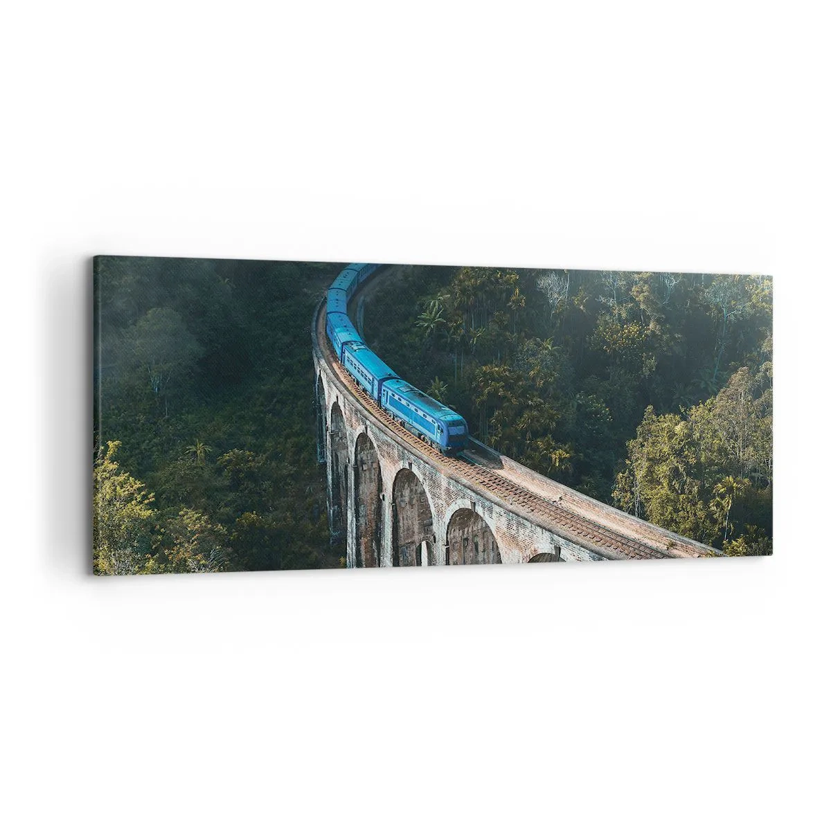 Impression sur toile - Image sur toile - Un train bleu sur un viaduc historique au milieu des forêts - 120x50cm - Train nature - Décoration murale moderne pour le salon et la chambre ARTTOR