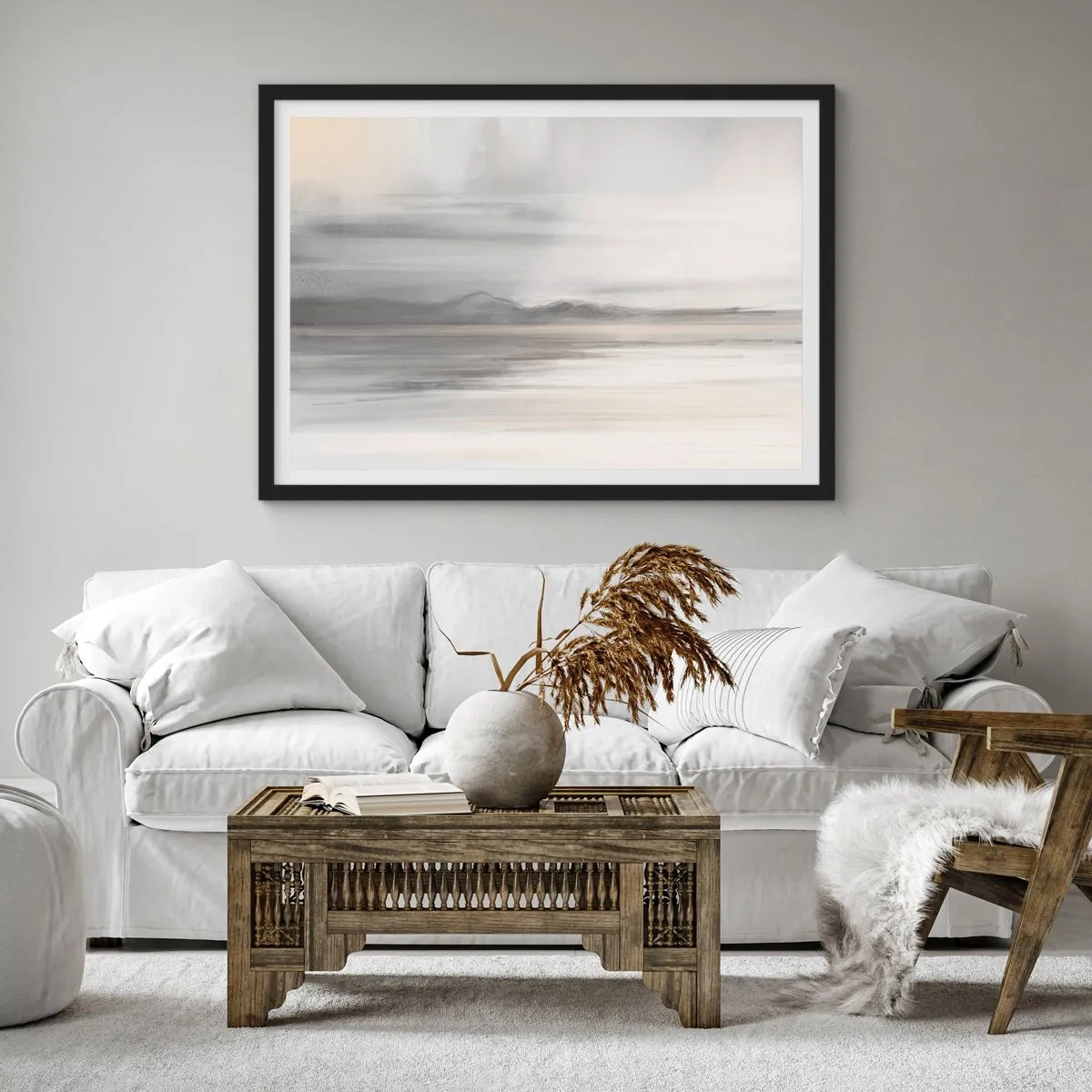 Affiche dans un cadre noir - Poster - Un paysage subtil aux tons gris et beige - 100x70cm - Distance réfléchie - Décoration murale moderne pour le salon et la chambre ARTTOR