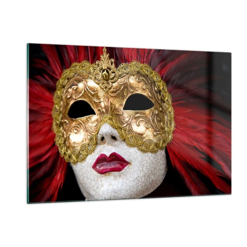 Impression sur verre - Image sur verre - Masque de carnaval doré avec plumes rouges - 120x80cm - La promesse d'une aventure carnavalesque - Décoration murale moderne pour le salon et la chambre ARTTOR