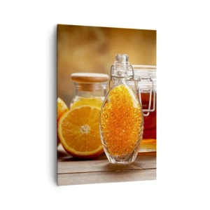 Impression sur toile - Image sur toile - Une bouteille de liquide ambré et des oranges fraîches - 70x100cm - Saveurs et arômes ensoleillés - Décoration murale moderne pour le salon et la chambre ARTTOR