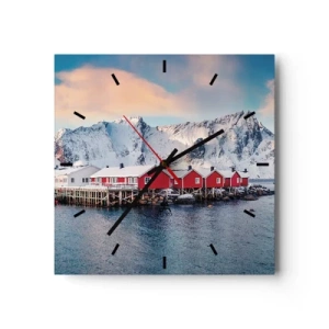 Horloge murale - Pendule murale - Maisons rouges sur fond de montagnes enneigées et de mer bleue - 30x30cm - Retraite dans le nord - Décoration murale moderne pour le salon et la chambre ARTTOR