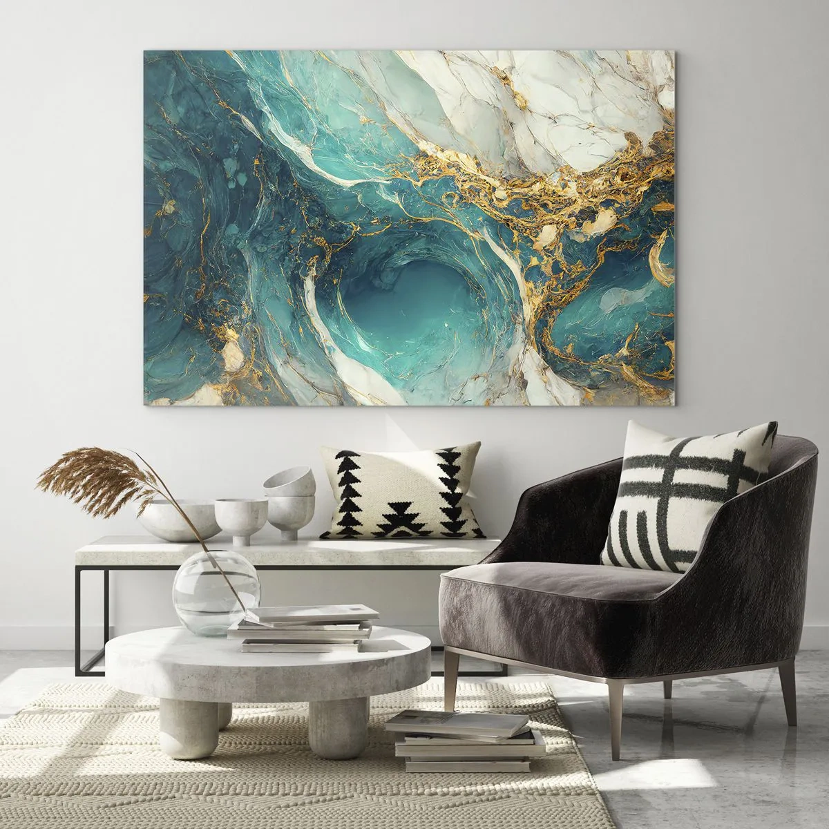 Impression sur verre - Image sur verre - Composition abstraite avec des veines turquoise et dorées - 70x50cm - Composition en veines d'or - Décoration murale moderne pour le salon et la chambre ARTTOR