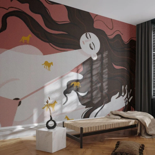 Papier Peint Photo Standard Eco - Femme allongée aux cheveux longs et aux chevaux dorés - 100x70cm - Rêve d'un cheval d'or - Décoration murale moderne pour le salon et la chambre ARTTOR