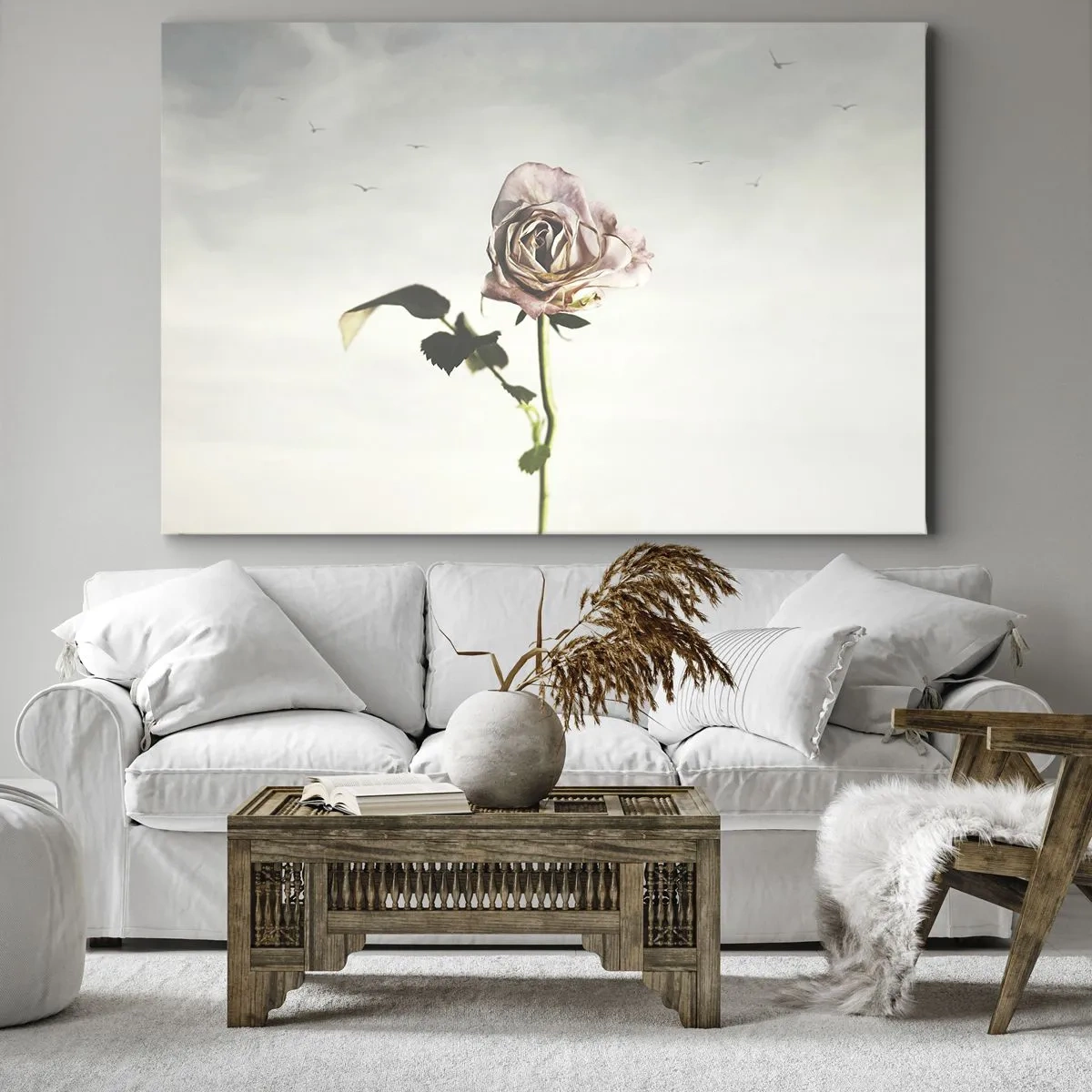 Impression sur toile - Image sur toile - Une rose délicate contre un ciel lumineux avec des oiseaux en vol - 120x80cm - Bonjour de printemps - Décoration murale moderne pour le salon et la chambre ARTTOR