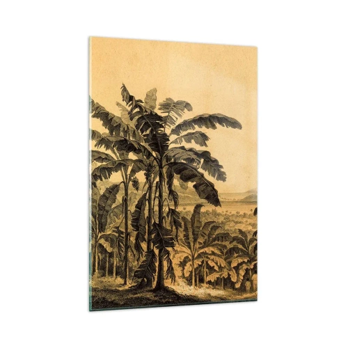 Impression sur verre - Image sur verre - Dessin de bananiers sur fond de paysage tropical - 80x120cm - Dans un climat colonial - Décoration murale moderne pour le salon et la chambre ARTTOR