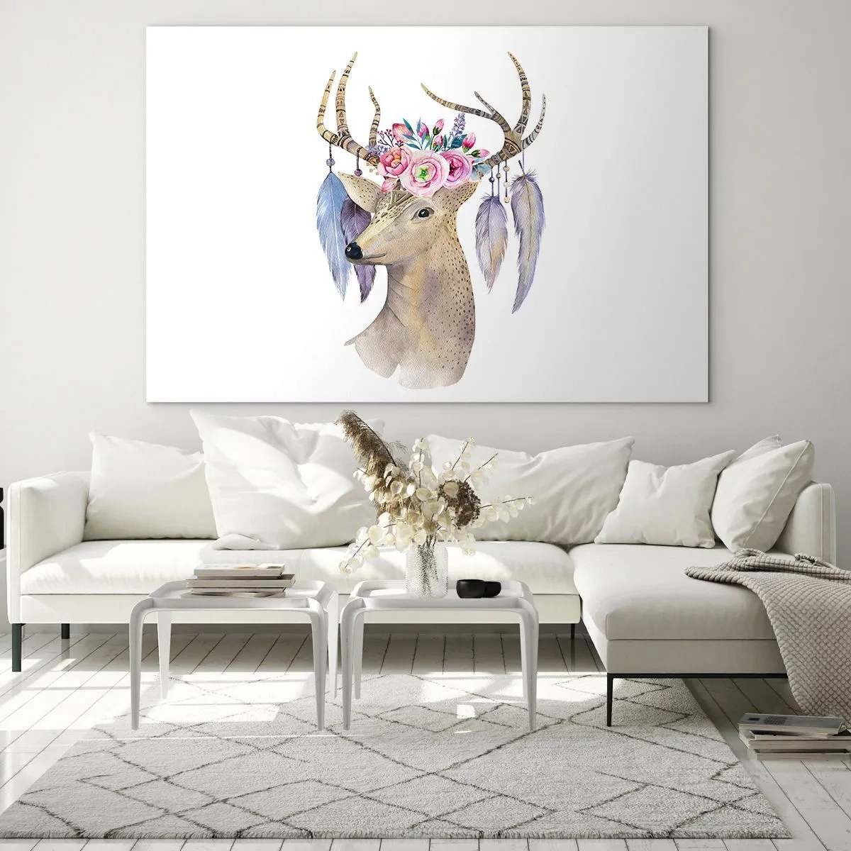 Impression sur verre - Image sur verre - Cerf avec une couronne de fleurs et des plumes - 100x70cm - Guide de l'âme - doux, innocent - Décoration murale moderne pour le salon et la chambre ARTTOR