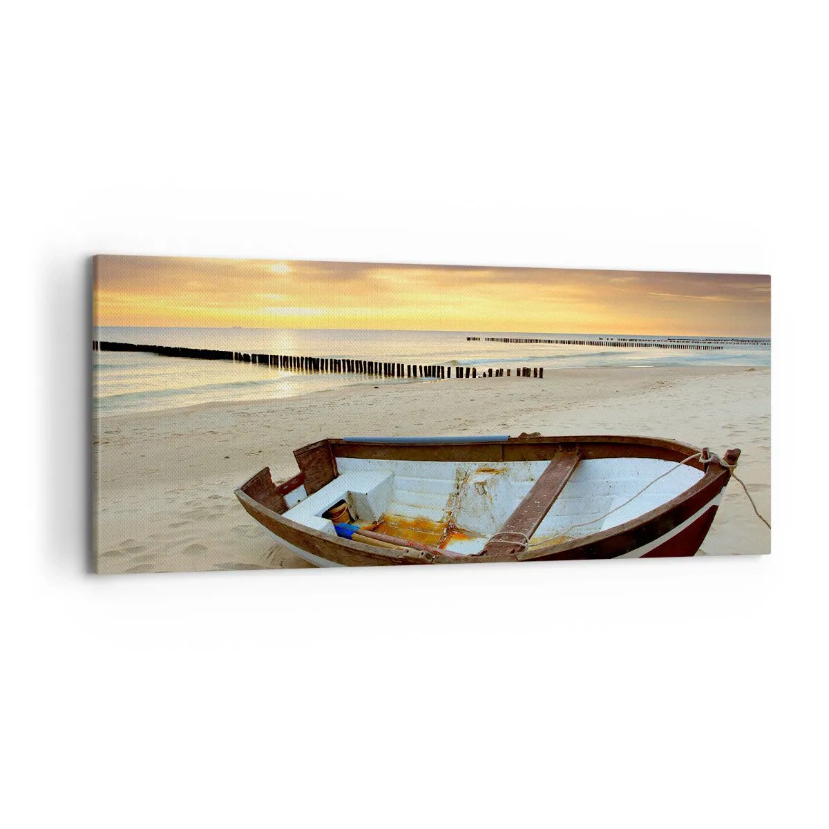Impression sur toile - Image sur toile - Un bateau sur une plage de sable au coucher du soleil - 120x50cm - Il n'y a pas de plus belles plages - Décoration murale moderne pour le salon et la chambre ARTTOR