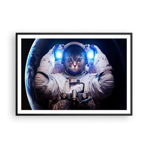 Affiche dans un cadre noir - Poster - Un chat dans une combinaison d'astronaute avec la Terre en arrière-plan et une lumière vive. - 100x70cm - Houston, vous avez un problème - Décoration murale moderne pour le salon et la chambre ARTTOR