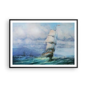 Affiche dans un cadre noir - Poster - Un navire sur une mer agitée - 100x70cm - Vents favorables - Décoration murale moderne pour le salon et la chambre ARTTOR