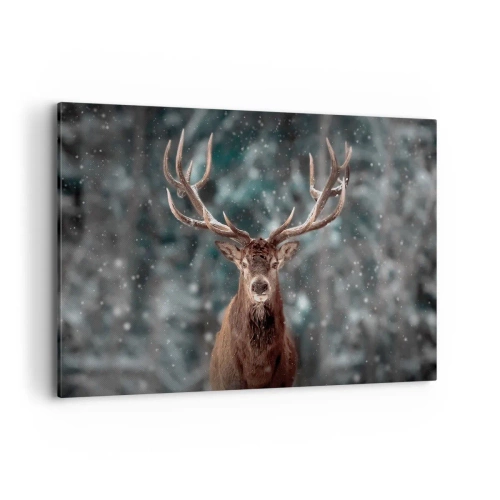 Impression sur toile - Image sur toile - Cerf dans une forêt d'hiver avec de la neige qui tombe - 120x80cm - Roi de la forêt couronné - Décoration murale moderne pour le salon et la chambre ARTTOR