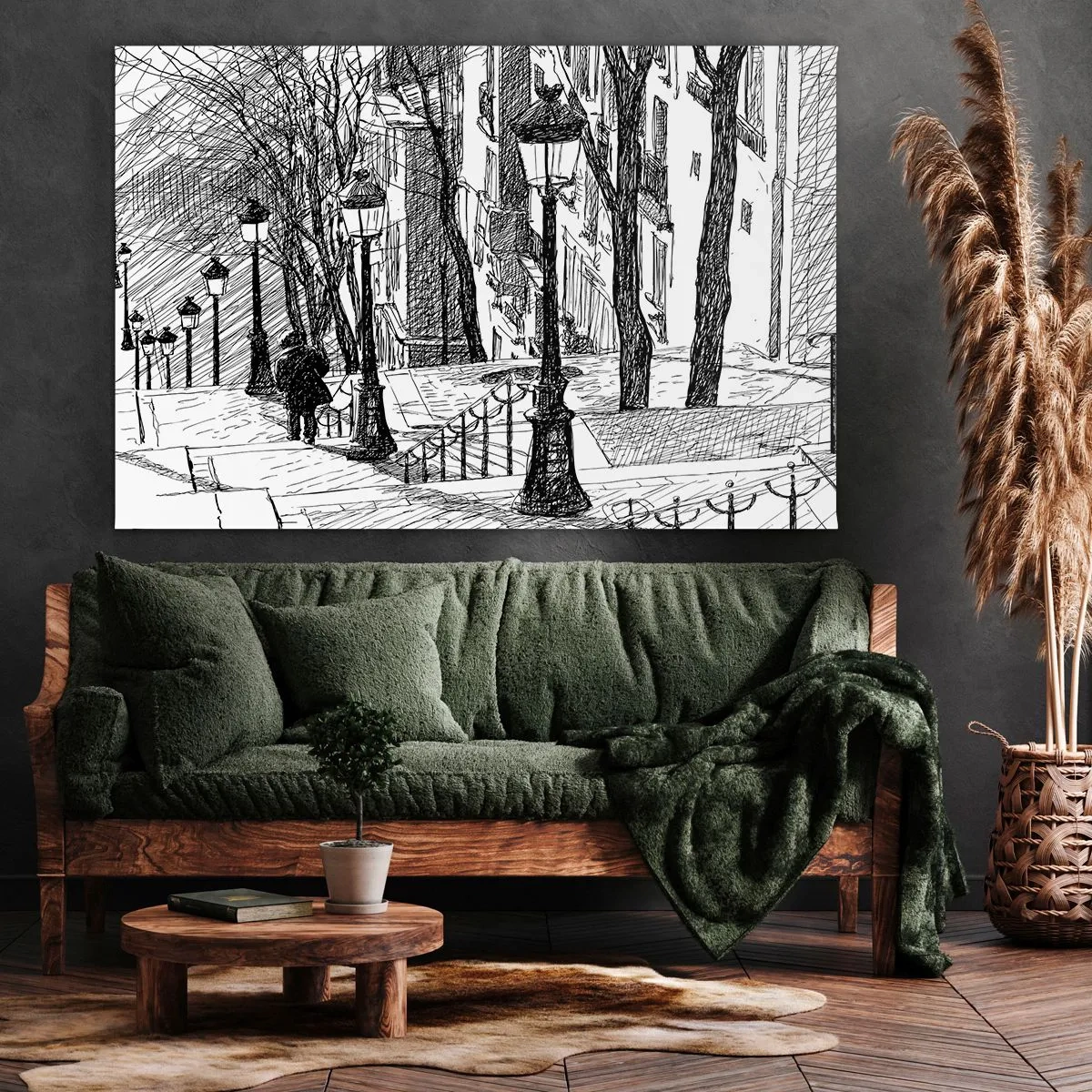 Impression sur toile - Image sur toile - Une rue avec des lampadaires et une silhouette humaine en technique d'esquisse - 100x70cm - Une histoire d'amour ou une histoire d'horreur ? - Décoration murale moderne pour le salon et la chambre ARTTOR