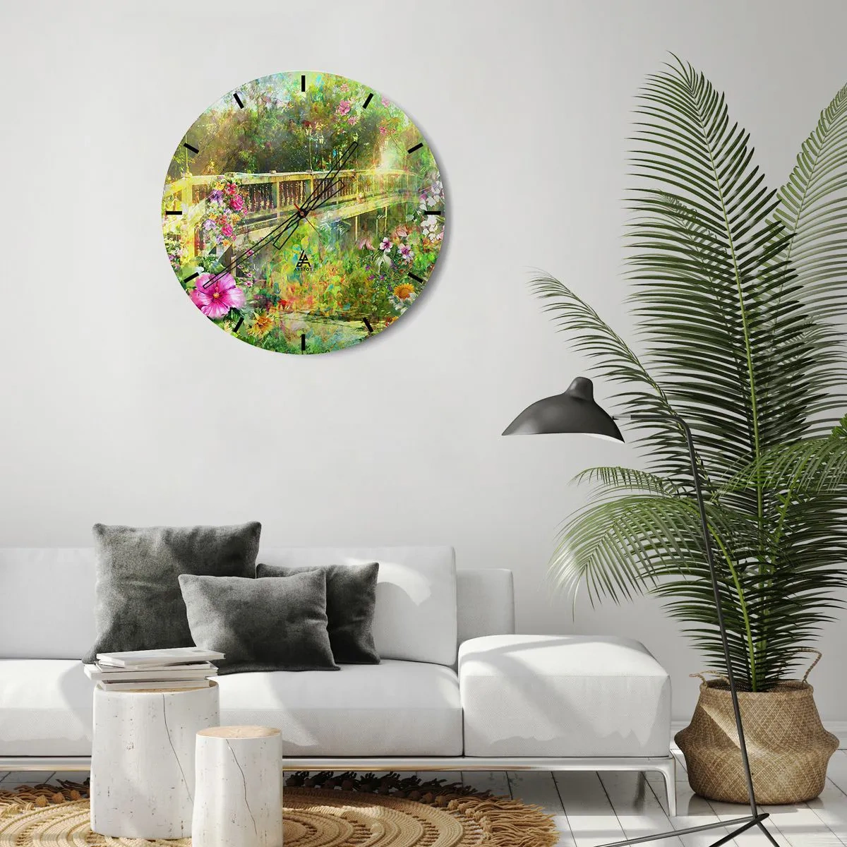 Horloge murale - Pendule murale - Un pont entouré de fleurs dans le jardin d'été - 30x30cm - Le soupire d'un pont de printemps - Décoration murale moderne pour le salon, la cuisine et la chambre ARTTOR