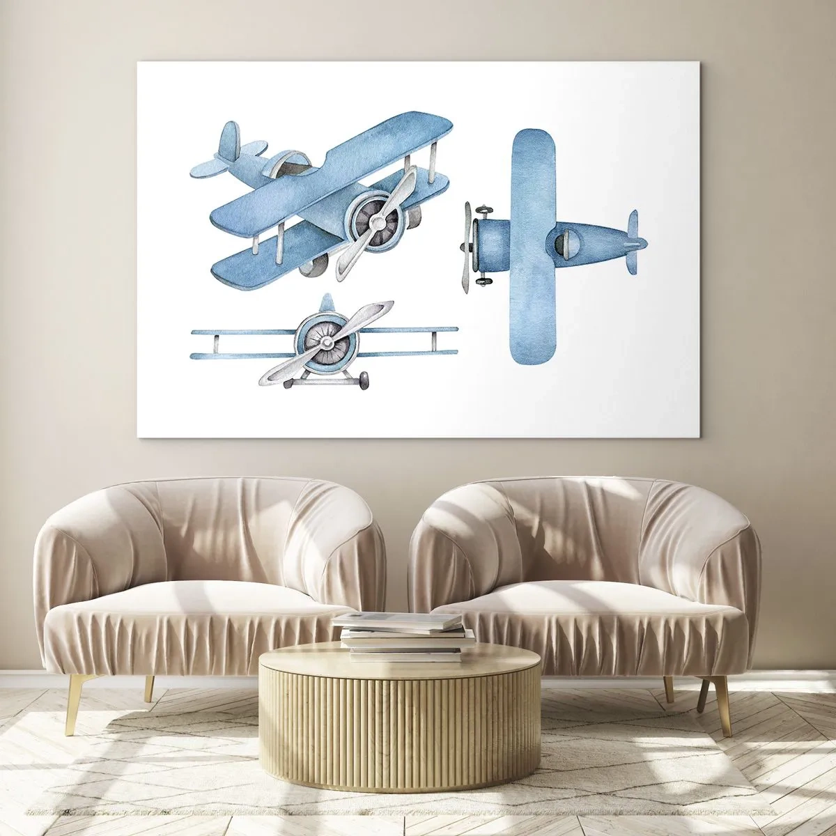 Impression sur verre - Image sur verre - Avions rétro bleus sur fond blanc pour enfants - 70x50cm - Un gagnant né - Décoration murale moderne pour le salon et la chambre ARTTOR