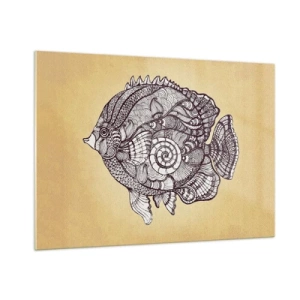 Impression sur verre - Image sur verre - Un poisson de dessin animé avec des ornements sur un fond beige - 100x70cm - D'un océan d'ornements - Décoration murale moderne pour le salon et la chambre ARTTOR