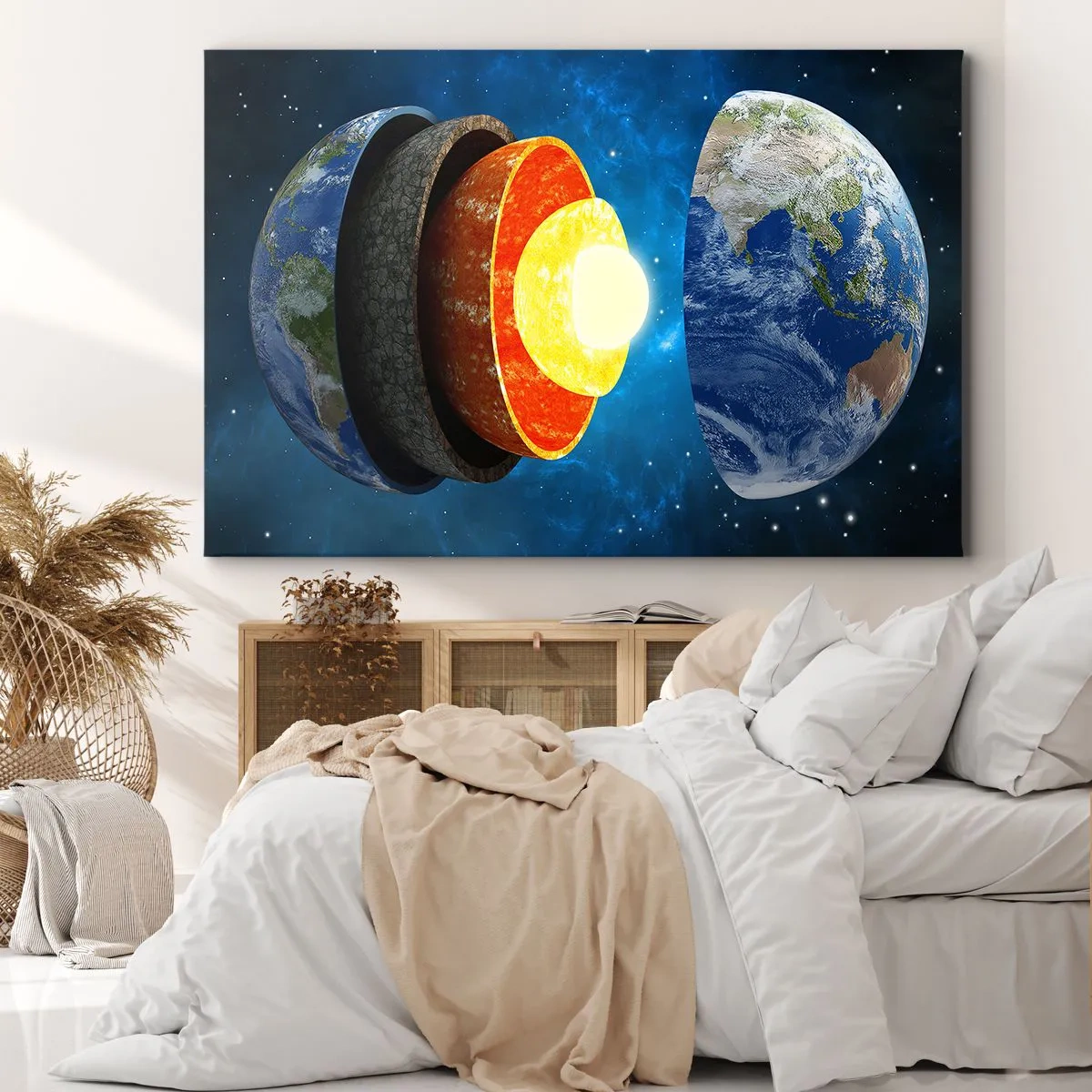 Impression sur toile - Image sur toile - Une coupe transversale de la Terre montrant ses couches dans l'espace. - 120x80cm - Voyage au centre de la terre - Décoration murale moderne pour le salon et la chambre ARTTOR