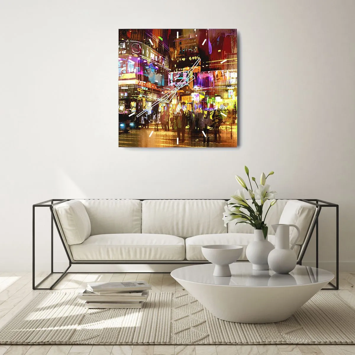 Horloge murale - Pendule murale - Une ville animée la nuit sous la lumière des néons - 30x30cm - Dans une mer de lumière - Décoration murale moderne pour le salon et la chambre ARTTOR