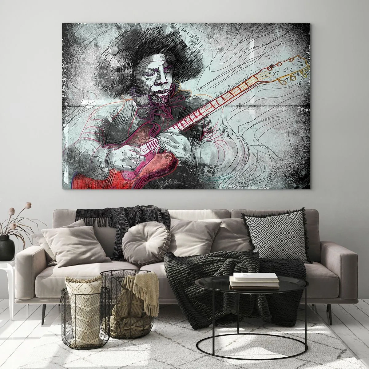 Impression sur verre - Image sur verre - Portrait artistique d'un musicien avec une guitare électrique - 100x70cm - Sur les vagues de la musique - Décoration murale moderne pour le salon et la chambre ARTTOR