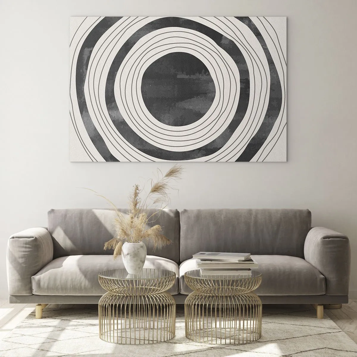 Impression sur verre - Image sur verre - Cercles concentriques noirs et blancs aux contours irréguliers - 70x50cm - Droit au but - Décoration murale moderne pour le salon et la chambre ARTTOR