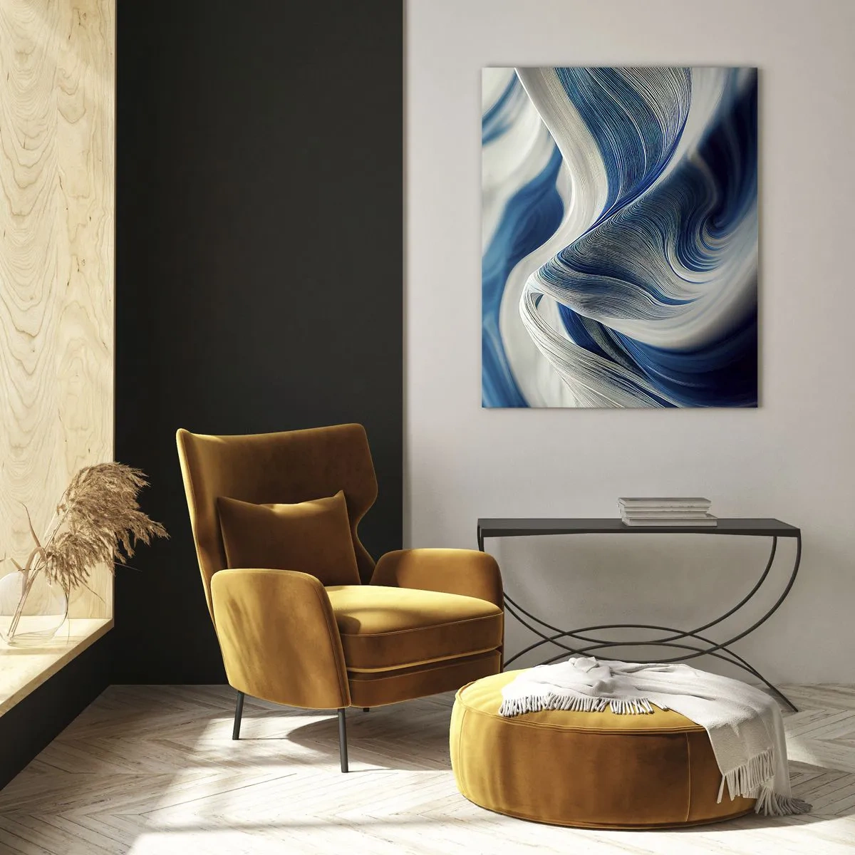 Impression sur verre - Image sur verre - Abstraction dynamique dans les tons de bleu et de blanc - 50x70cm - La fluidité du bleu et du blanc - Décoration murale moderne pour le salon et la chambre ARTTOR