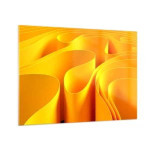 Impression sur verre - Image sur verre - Vagues abstraites dans des tons d'or et d'orange - 70x50cm - Comme les vagues du soleil - Décoration murale moderne pour le salon et la chambre ARTTOR