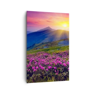 Impression sur toile - Image sur toile - Une prairie fleurie avec vue sur les montagnes au coucher du soleil - 80x120cm - … Et autour, ça sent le pin des montagnes et l'odeur de la prairie - Décoration murale moderne pour le salon et la chambre ARTTOR