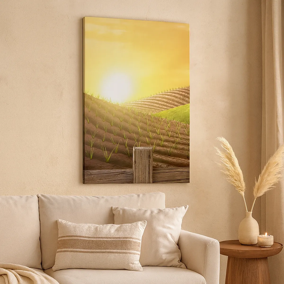 Impression sur toile - Image sur toile - Paysage rural avec une grange rouge, un tracteur et un lever de soleil - 50x70cm - Une ferme comme dans un conte de fées - Décoration murale moderne pour le salon et la chambre ARTTOR