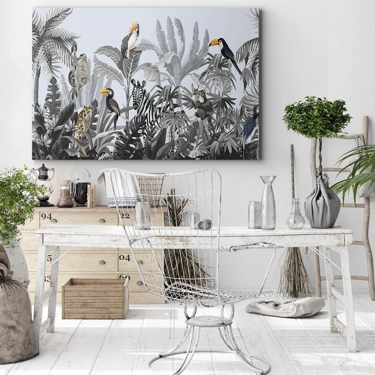 Impression sur toile - Image sur toile - Jungle tropicale avec des animaux exotiques sur fond gris - 100x70cm - Conte de fées africain - Décoration murale moderne pour le salon et la chambre ARTTOR