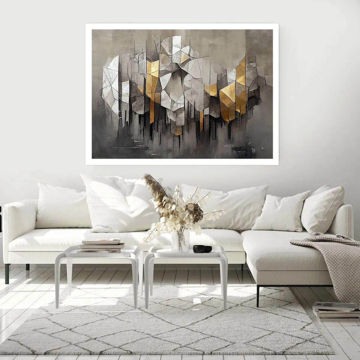 Affiche - Poster - Abstraction géométrique dans les tons d'or et de gris - 100x70cm - Composition de glace et de lumière - Décoration murale moderne pour le salon et la chambre ARTTOR