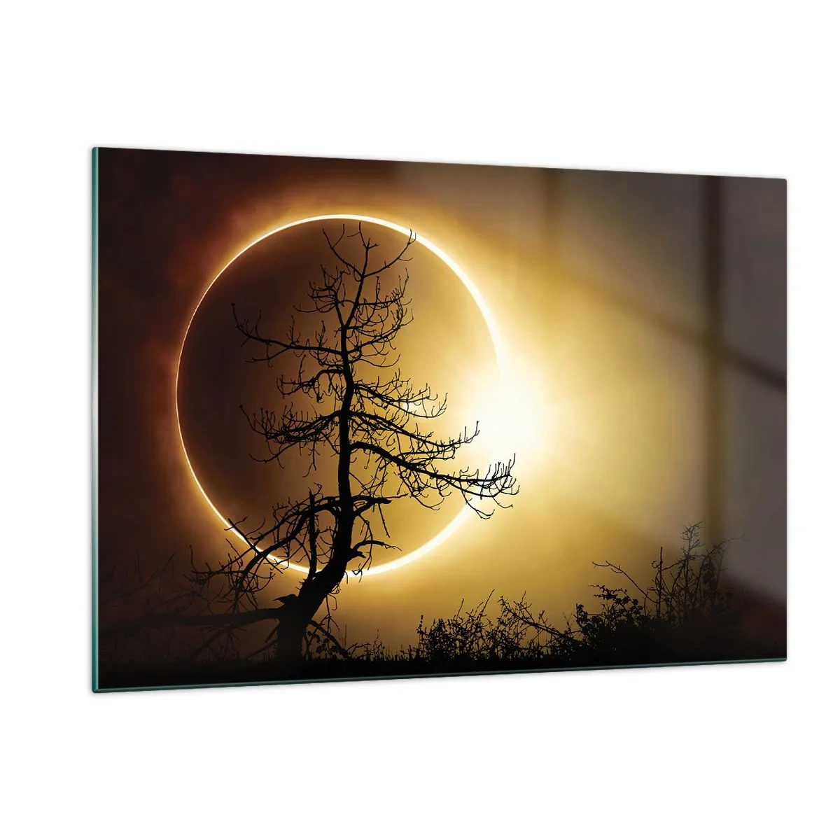 Impression sur verre - Image sur verre - Éclipse solaire derrière l'arbre - 120x80cm - Éclipse totale - Décoration murale moderne pour le salon et la chambre ARTTOR