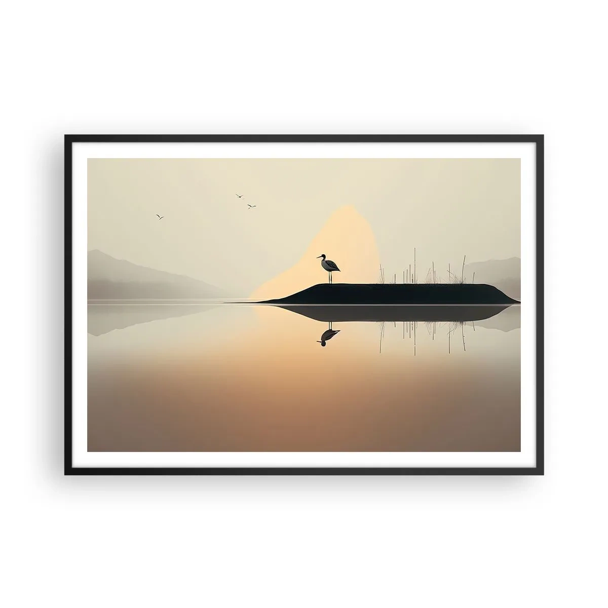 Affiche dans un cadre noir - Poster - Un oiseau sur une île dans un lac calme aux teintes chaudes - 100x70cm - Le seigneur du lac - Décoration murale moderne pour le salon et la chambre ARTTOR