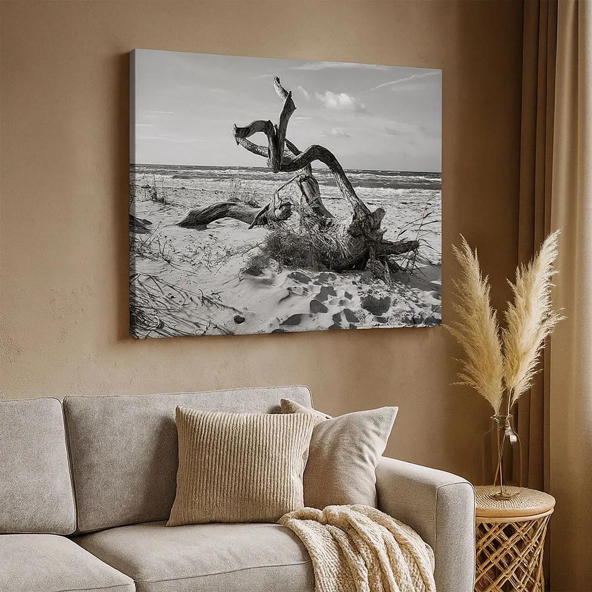 Impression sur toile - Image sur toile - Paysage noir et blanc avec un arbre mort sur la plage - 70x50cm - Sculpture marine - Décoration murale moderne pour le salon et la chambre ARTTOR